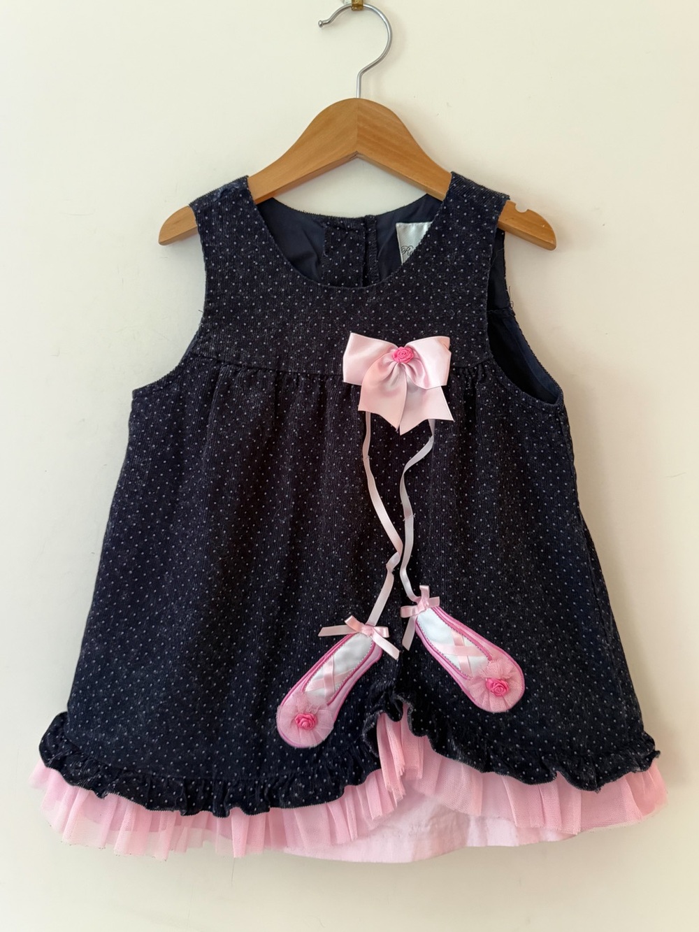RARE EDITIONS Navy Corduroy Polka Dot Ballet Slippers Appliqué Dress